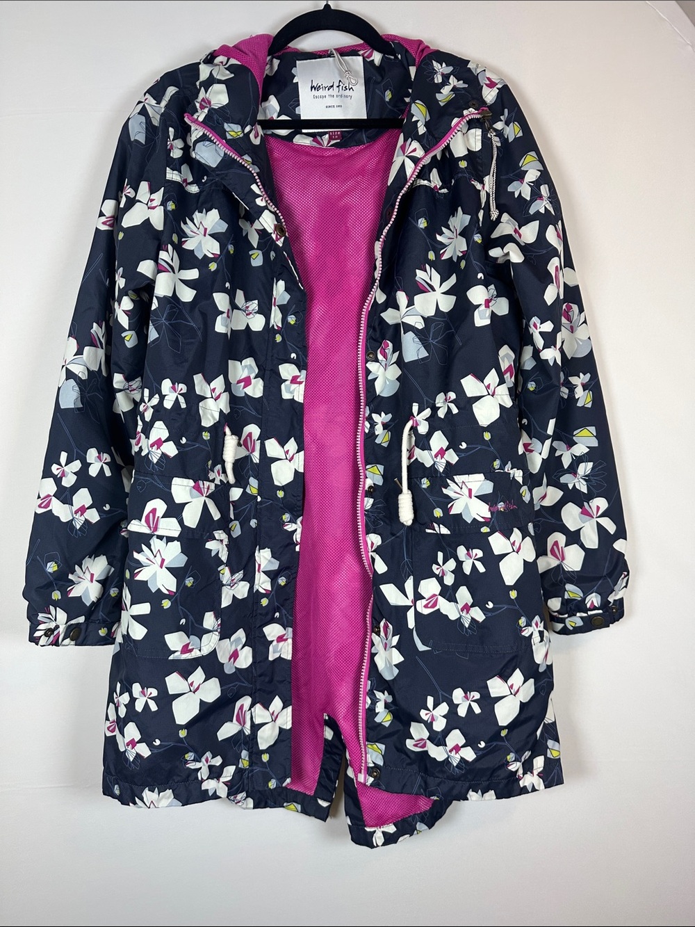 Weird Fish Navy Floral Hooded Raincoat UK 12 Pink Lined Waterproof Coat